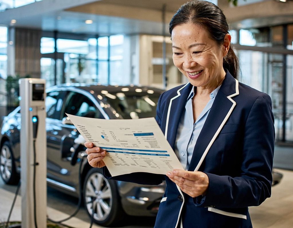 Easy EVCP finance arrangements business director looks at a financial document, smiling, because she has spread the cost of installing the charger without upfront capital