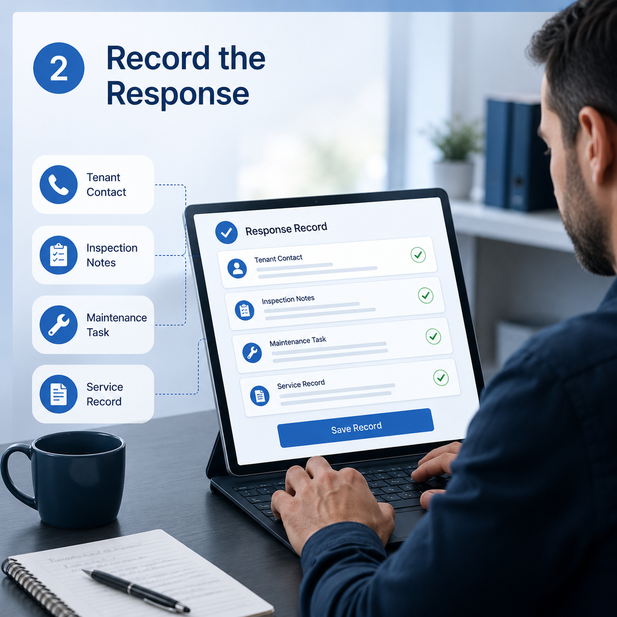 Record the Landlord Response Property manager recording tenant contact, inspection notes, maintenance tasks and service actions for a rented property.