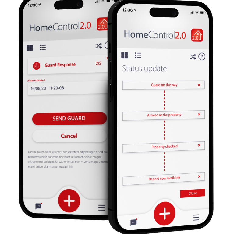 HomeControl2.0 App has "send guard" button HomeControl2.0 App displayed on a smartphone screen and has a "send guard" button and shows a status update about the guard