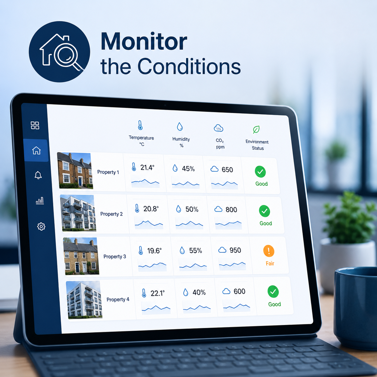 Monitor Property Conditions. Property monitoring dashboard recording temperature, humidity and environmental conditions in rented homes.