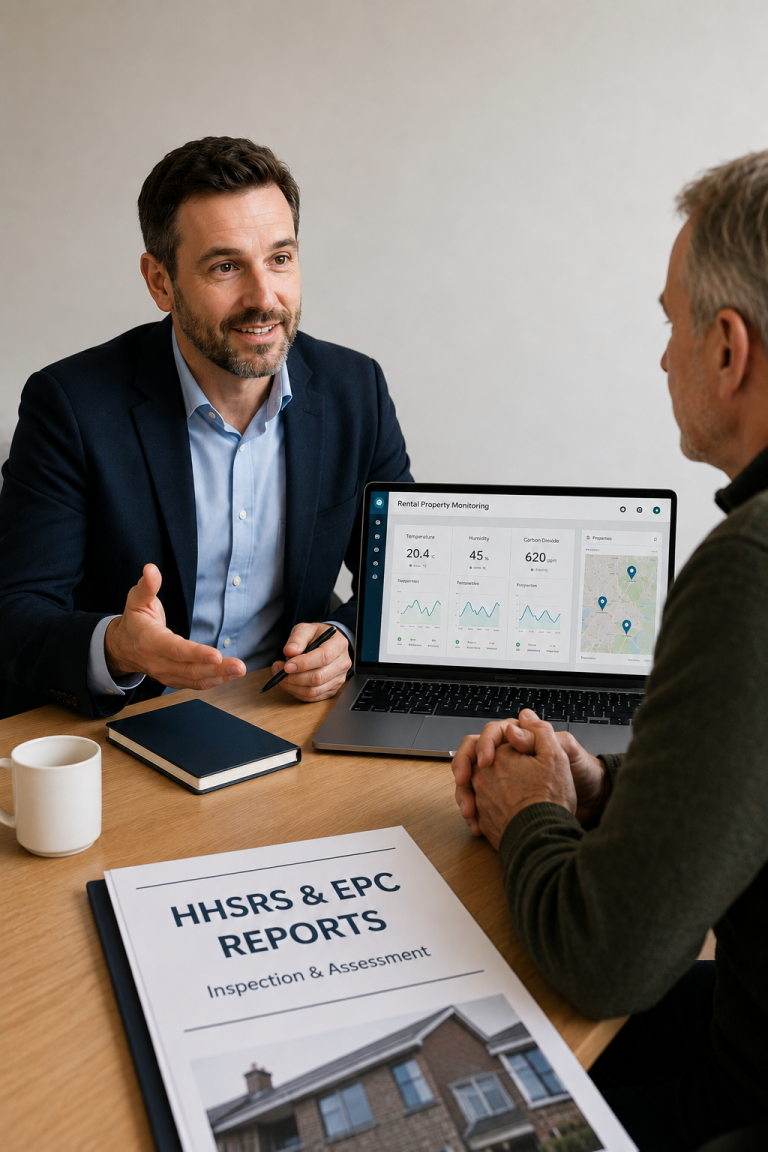From Report to Resolution EPC and HHSRS assessor presenting a landlord with an inspection report alongside a remote property monitoring and maintenance platform.